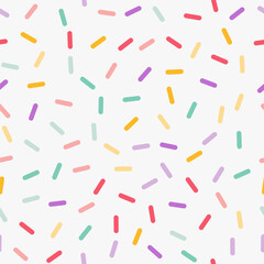 Simple minimalistic seamless pattern, multicolored fun hand drawn cute lines on a white background. Sugar sprinkles on donut, confetti.