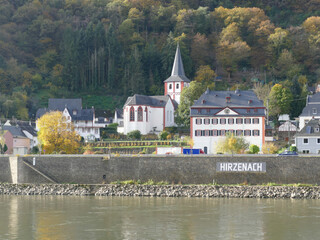 Church steeple the river town of Hirzenach  .