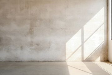 Shadow on white concrete wall in the room from window with morning light, texture background.