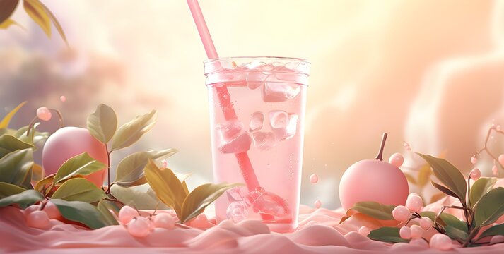 Bubble tea milkshake with fruits, dessert with tapioca balls, cold Chinese summer cocktail.