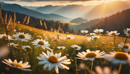 Picturesque summer landscape and daisy flowers