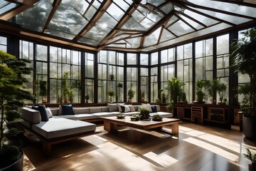 A contemporary Asian-inspired conservatory with panoramic windows, bonsai trees, and elegant seating
