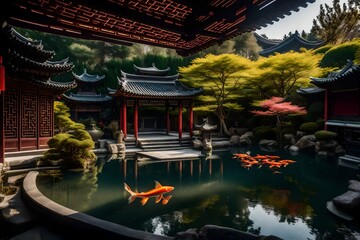 A Chinese-style courtyard garden with ornate moon gates, bonsai, and a serene koi pond