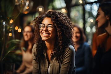 A joyous young woman with glasses, laughing in a social gathering - obrazy, fototapety, plakaty