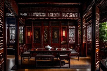 A sophisticated Chinese tea house with intricate woodwork, porcelain teapots, and silk cushions - obrazy, fototapety, plakaty