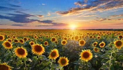 Summer landscape- beauty sunset over sunflowers field 