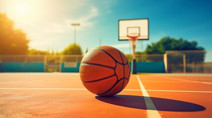 Ball at basketball court on sunny day