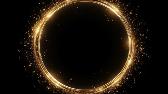 Golden sparkling ring with golden glitter isolated on black background. Vector golden frame