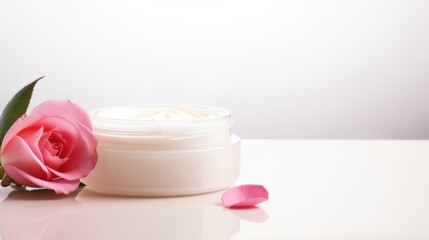 Fototapeta na wymiar A pink rose sitting next to a jar of cream