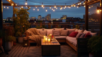 View over cozy outdoor terrace with outdoor string lights. Evening on the roof terrace of a beautiful house with lanterns - obrazy, fototapety, plakaty