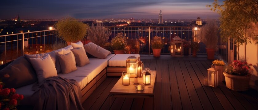 View Over Cozy Outdoor Terrace With Outdoor String Lights. Evening On The Roof Terrace Of A Beautiful House With Lanterns