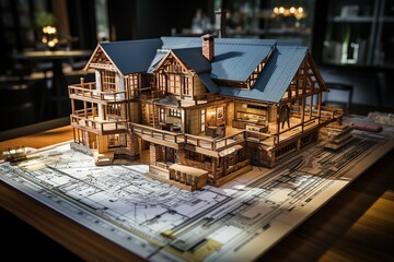 Intricate architectural model of a large house displayed over detailed blueprints