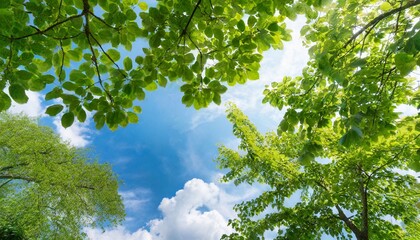 Fototapeta premium Green leaves close up and blue sky