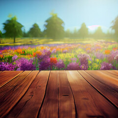 Naklejka na ściany i meble Wooden Table in Front of Field of Flowers 3d illustration. Table is made of weathered wood and has a rustic charm. The field of flowers is in full bloom, with a variety of colors on display