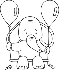 Coloring Page Features A Cute Drawn Elephant Swinging With Balloons, Perfect For Children'S Creativity, And Comes As A Vector Illustration In A Coloring Book
