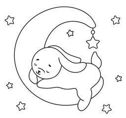 Coloring Page Bunny Sleeping On Moon, Is A Delightful Coloring Book Featuring Vector Illustrations For Children'S Creativity