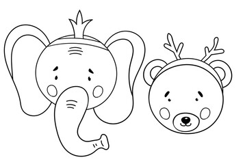 Coloring Page For Kids Featuring A Crowned Elephant And A Horned Bear Preparing For A Masquerade, Making It An Ideal Coloring Book For Children'S Creativity, Presented As A Vector Illustration