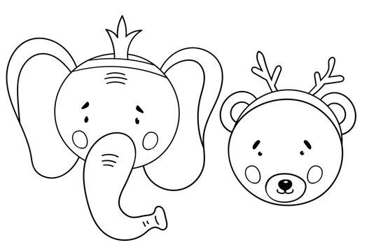 Coloring Page For Kids Featuring A Crowned Elephant And A Horned Bear Preparing For A Masquerade, Making It An Ideal Coloring Book For Children'S Creativity, Presented As A Vector Illustration