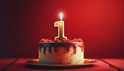 Birthday cake, 1 number and red background. - obrazy, fototapety, plakaty