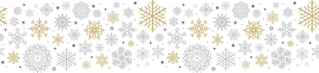 Naklejka na ściany i meble Winter snowflakes border minimal vector background. Macro snowflakes flying seamless border design, holiday card with many flakes confetti