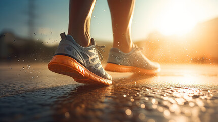 Shoe-clad feet of an athlete on the road-2