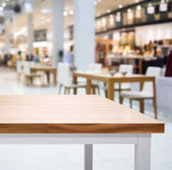 wooden table with metal legs in shopping mall room, restaurant, empty wooden table top model