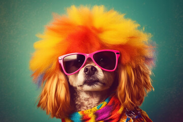 Funny dog resting in disco on bright background
