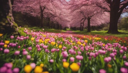 Obraz premium Tulip Path Under Cherry Blossoms