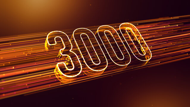 Golden Yellow Purple Shine Blurry Focus 3000 3D Perspective Number With Dotted Lines Particle Breeze Effect And Glitter Dust Light Flare