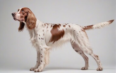 Perro de raza setter inglés, de pié (vista lateral), sobre fondo blanco