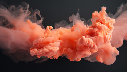 peachy  pastel colored  liquid  like smoke in motion , dark  gradient background, peach fuzz color of the year 2024  - obrazy, fototapety, plakaty