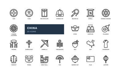 china ancient technology asia oriental tourism detailed outline line icon set