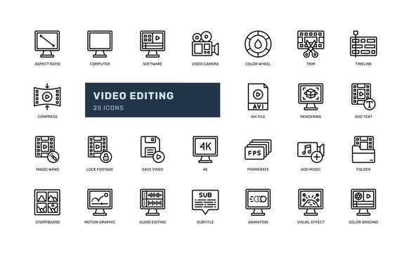 video editing for movie cinema film production detailed outline line icon set