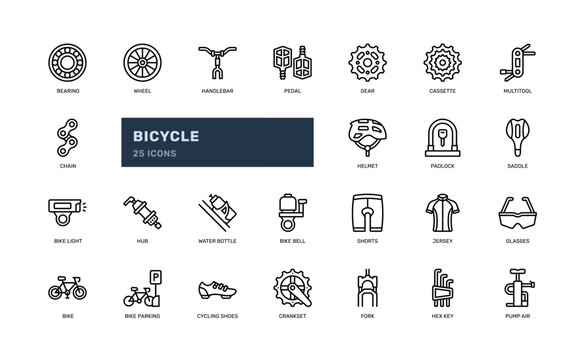 bicycle bike cyclist vehicle transportation detailed outline line icon set