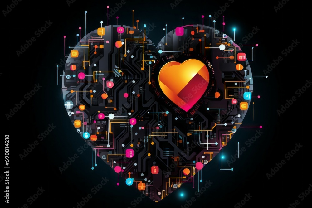 Poster computer with heart shaped cpu chip. illustration style. black background with selective focus and c