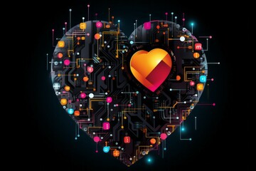 Computer with heart shaped CPU chip. Illustration style. Black background with selective focus and copy space