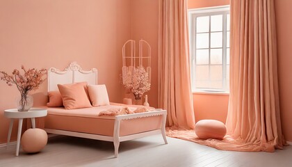 Home interior living room in Peach Fuzz color, background with selective focus and copy space