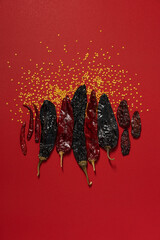 Dried Chilis and Seeds on Red background, variety mexican spice flat lay