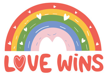 Vector hand drawn doodle sketch lgbt rainbow love wins lettering isolated on white background - obrazy, fototapety, plakaty