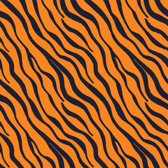 Vector seamless pattern of black tiger stripes fur print isolated on red background