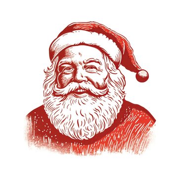 Christmas Santa Claus, lino print style isolated on white background.