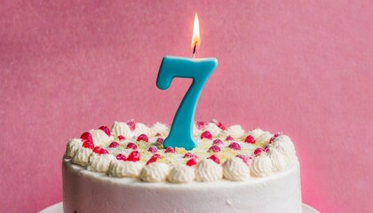  7 years Birthday cake With Candle and pink background