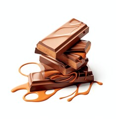 Pieces of chocolate bar with caramel on white backg