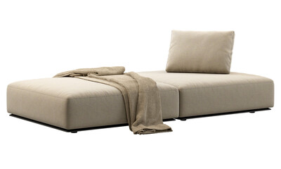 Modern beige fabric upholstery pouf with backrest and throw plaid. 3d render.