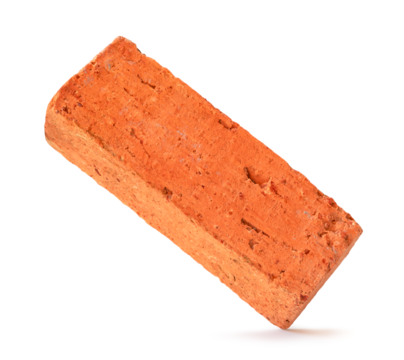 Single cracked old red or orange brick isolated with clipping path and shadow in png file format