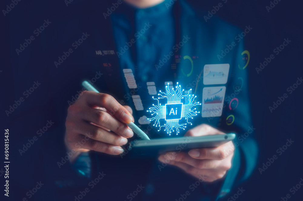 Aufkleber ai technology internet of thing concept businessman using pen and digital tablet working with ai tec