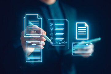 document management system concept, businessman working with electronic documents on digital documents on a virtual screen. electronic signing