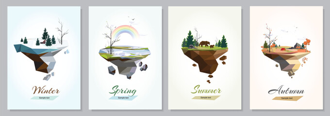 Winter, spring, summer, autumn landscape with mountains, stones, trees, rainbow, bears, deer, house, sky, cloods, etc. Geometric low poly style island set for banner, gaming platforms, cover designs. © steadb