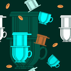 Editable Vietnamese Drip Coffee With Ceramic Mug and Roasted Beans Vector Illustration as Seamless Pattern With Dark Background for Cafe With Vietnamese Culture and Tradition Related Design