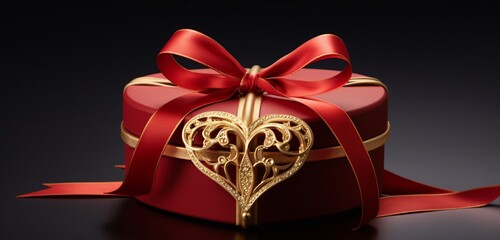 A beautifully presented gift box featuring an elegant heart emblem, nestled among golden ribbons and bows.